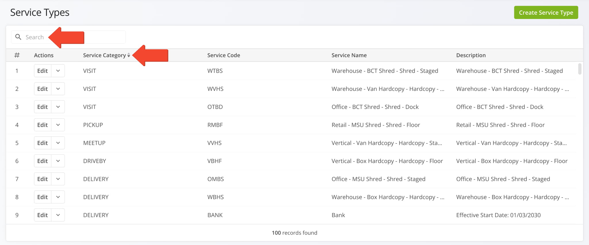 Quickly locate Service Types in your Service Types list using the search field or sorting option above each column.
