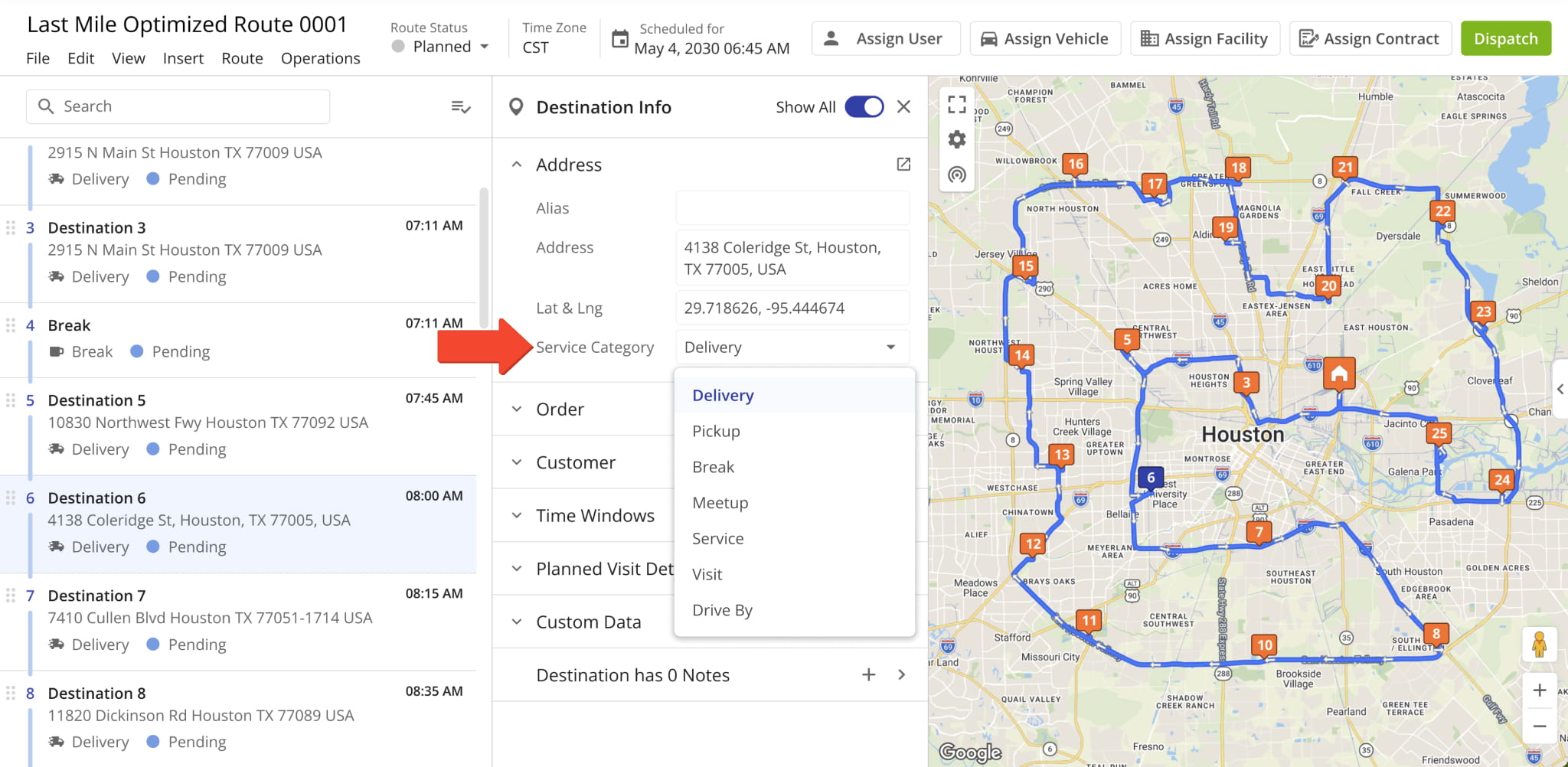 After opening a route in the Route Editor, you can click on a destination to see its Service Category.