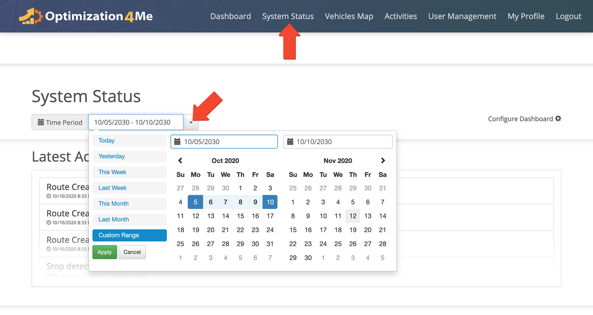 Operational Assessment System Status provides a centralized view of platform activity and performance metrics, with configurable reporting periods for analysis.