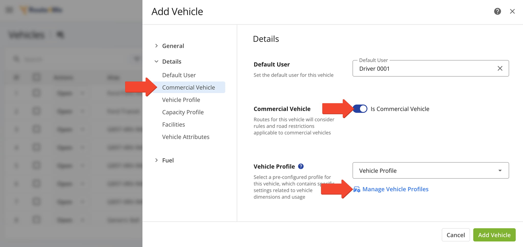Manage commercial vehicle profiles from the Vehicles section to define routing constraints and enable truck-specific route planning.