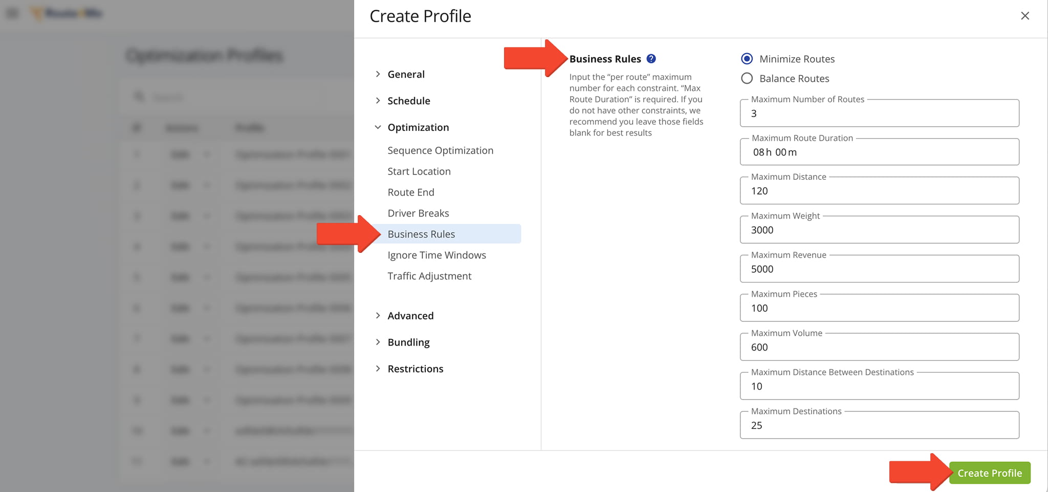 Define routing behavior in Route4Me by applying rules and constraints such as time windows, capacity limits, service times, priorities, and routing restrictions.