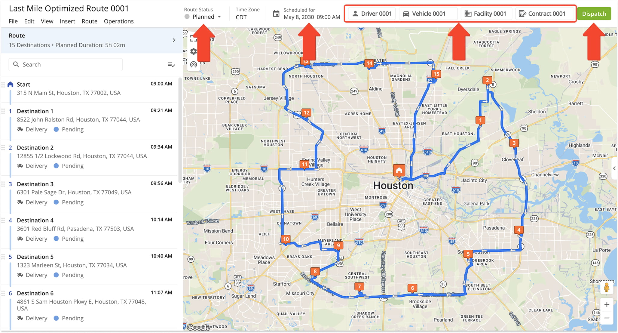 Route Editor Toolbar Settings: dispatch route, assign vehicle and driver, reverse, re-optimize, and reschedule route, insert stops into route, and more.