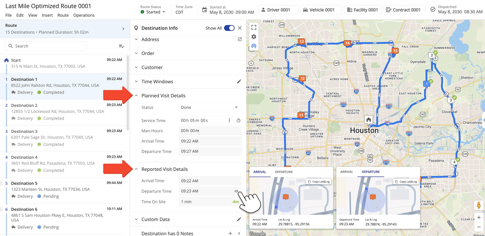 Stop Visit Details in Route Editor show timestamps when the stop was visited and departed, actual time on site, driver location at the time of visit, and more.