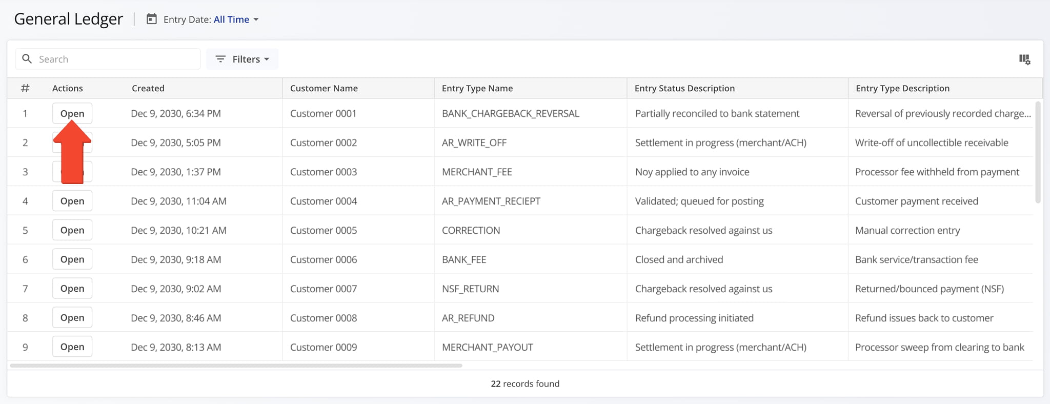 The General Ledger Entry view provides a detailed breakdown of individual ledger records and transaction data.