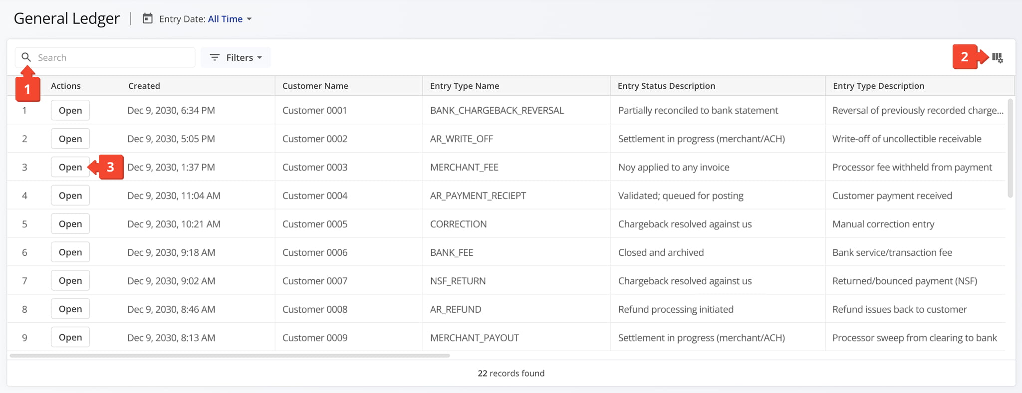The General Ledger page provides tools for searching, customizing, and reviewing SAP-synced financial records.