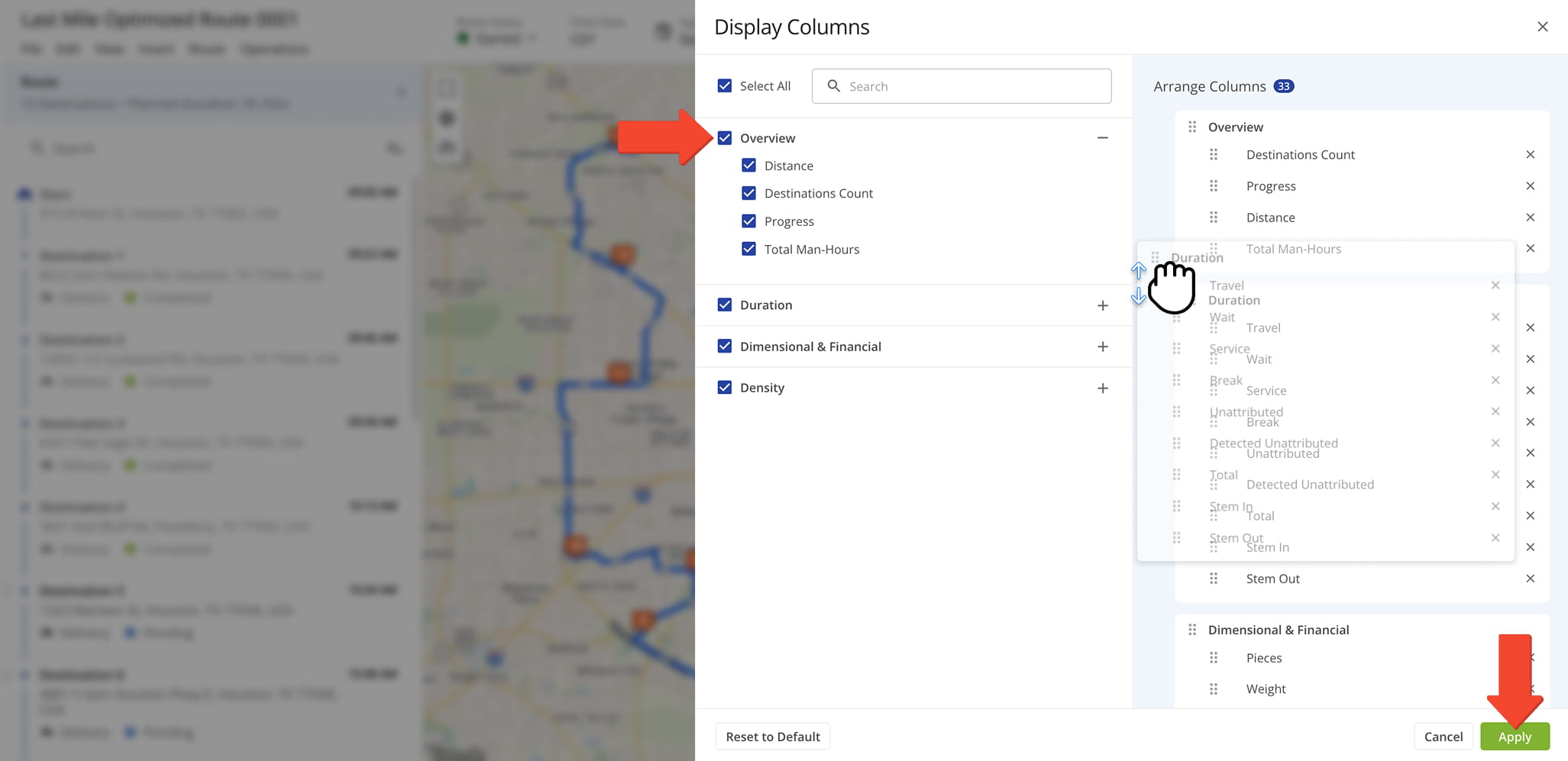 The Summary Table along the bottom of the Route Editor Map is customizable aggregate route data table. Here, you can easily see the most relevant route metrics for your use case.