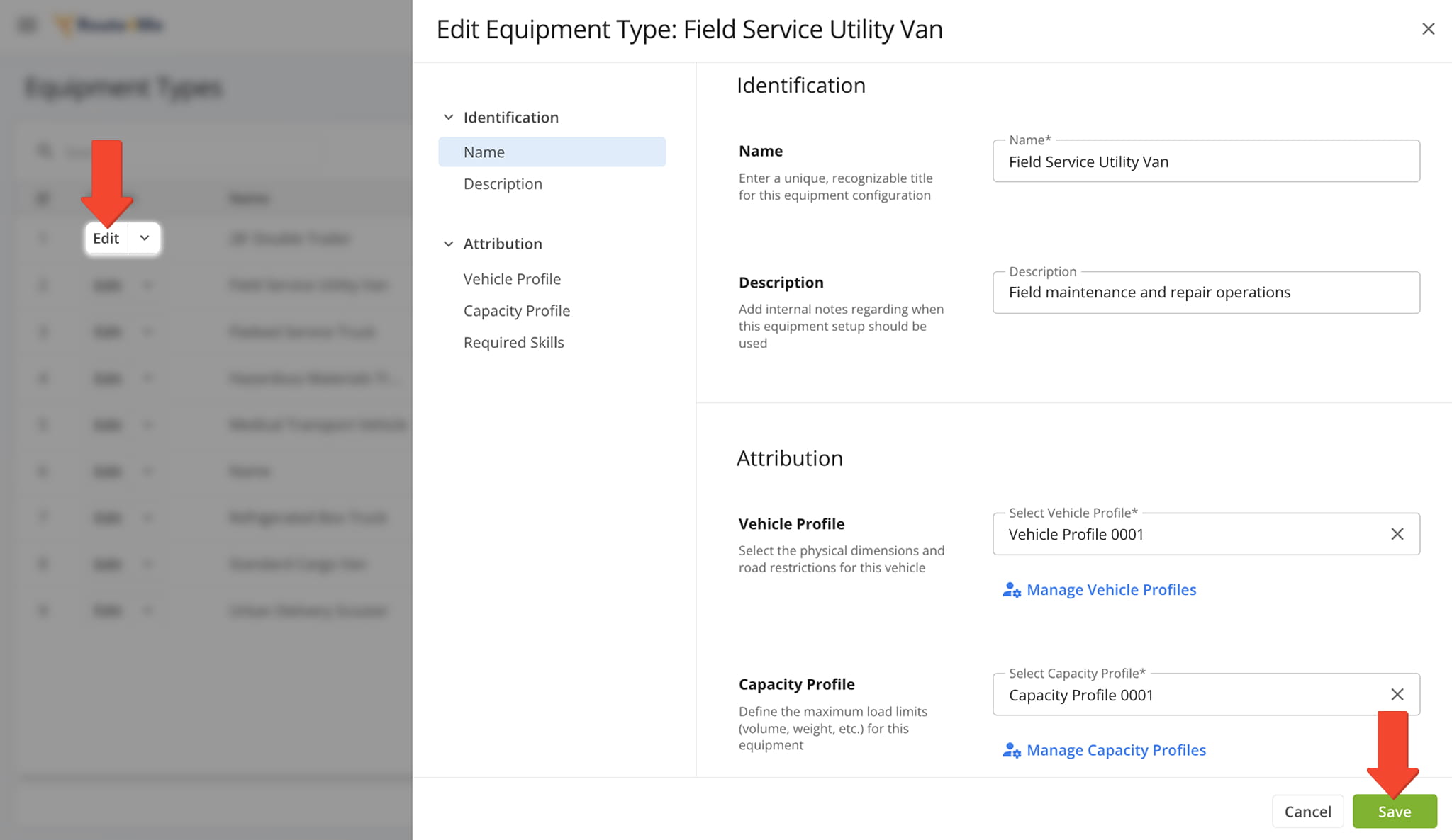 From the editor panel, you can modify an Equipment Type Profile