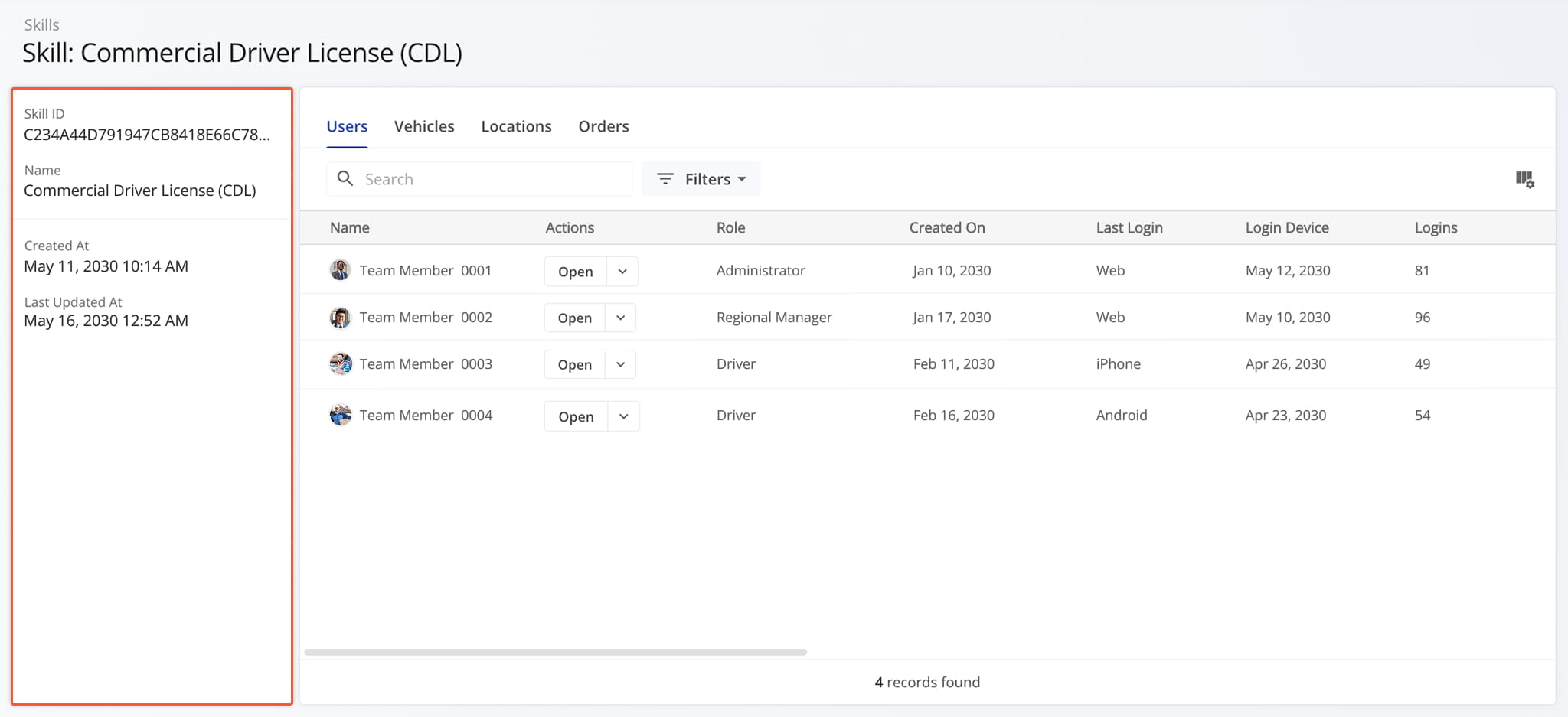 The Snapshot summary panel includes an overview of key details associated with a specific Skill added to your Route4Me Account.