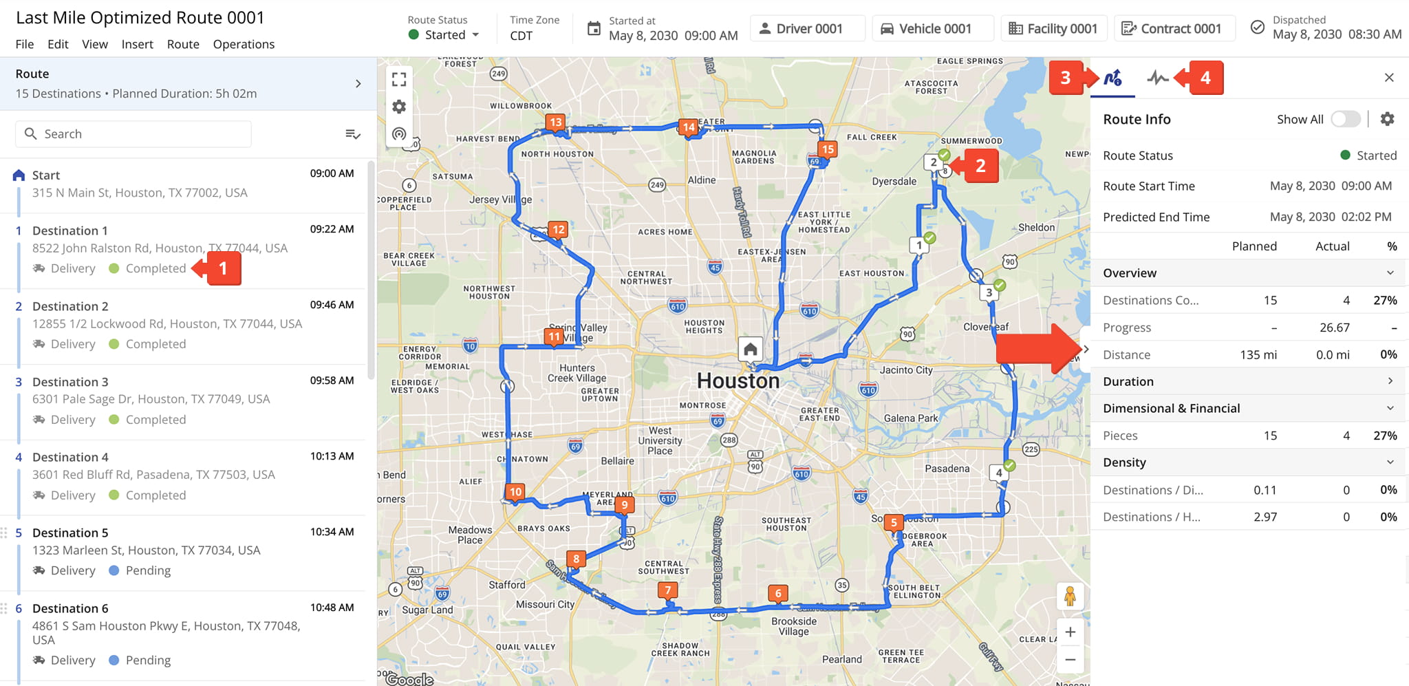 Real-Time route progress tracking in Route Editor: route and stop statuses, stop ETAs and visited timestamps, time on site, planned with completed, and more.