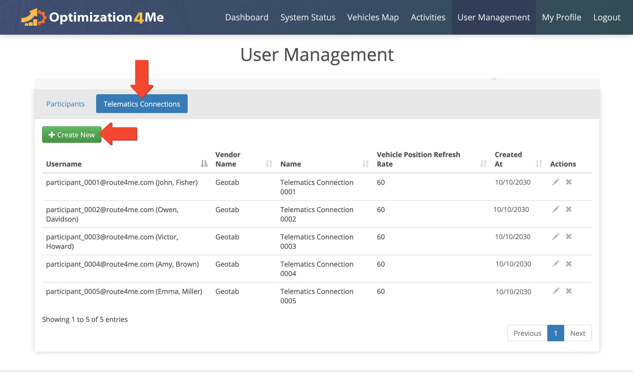 After creating a Participant, a Telematics Connection can be added by selecting the vendor and entering the required credentials to enable automatic data import into the Affiliate Account.