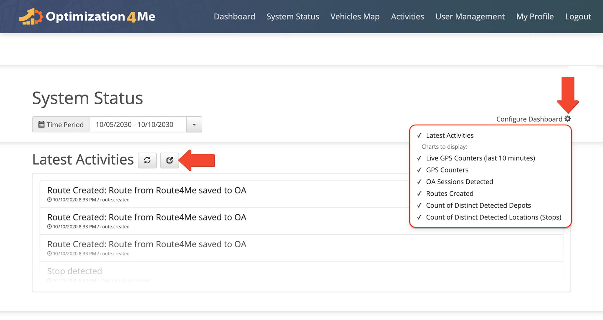 Users can configure System Status charts and dashboards via the Gear Icon, and view or expand the Activity Feed in full-screen from the Latest Activity section.