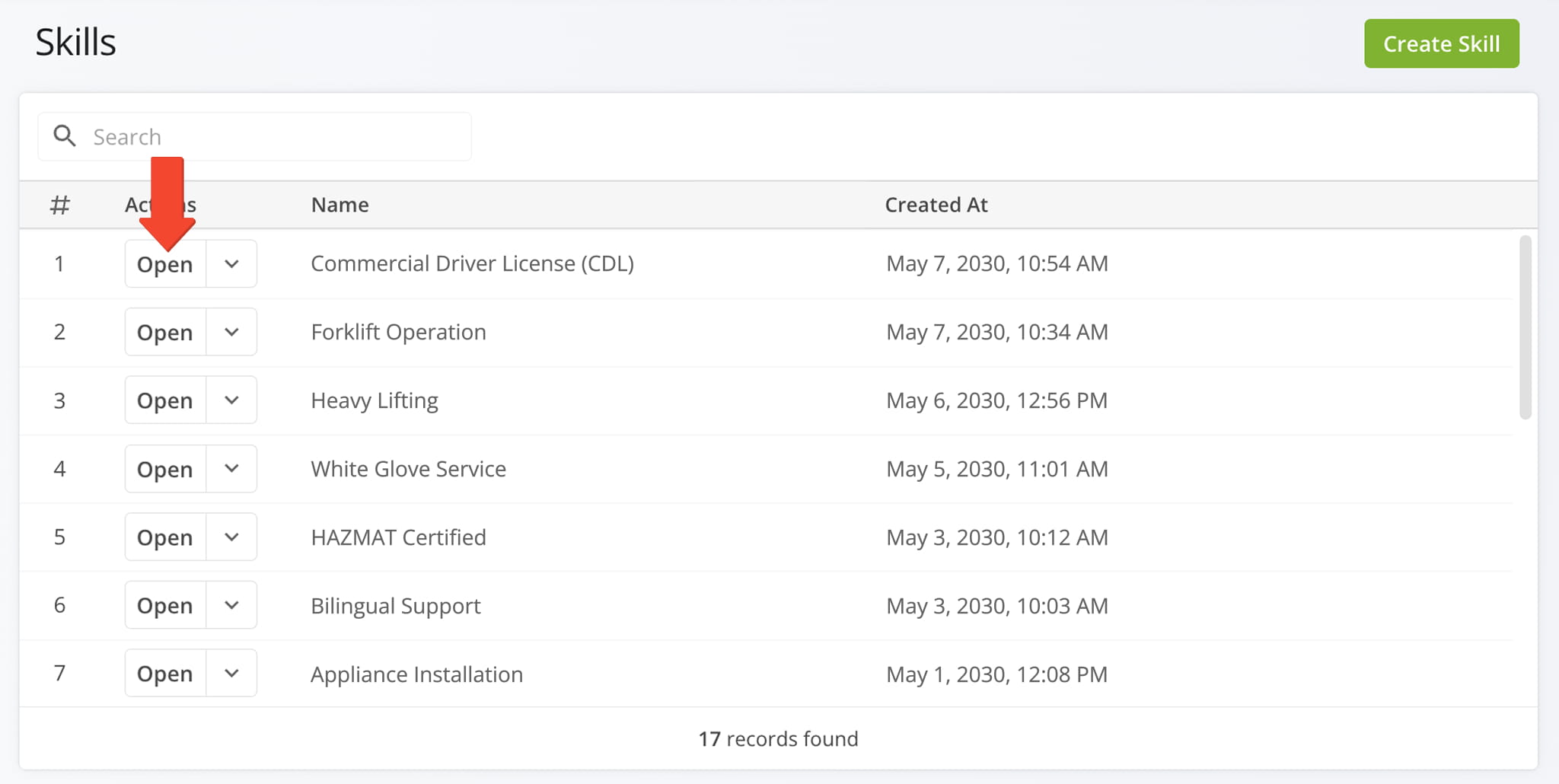 From your Skills Page, click Open next to any skill to open and review its associated Skill Snapshot, a centralized overview of data associated with the Skill.