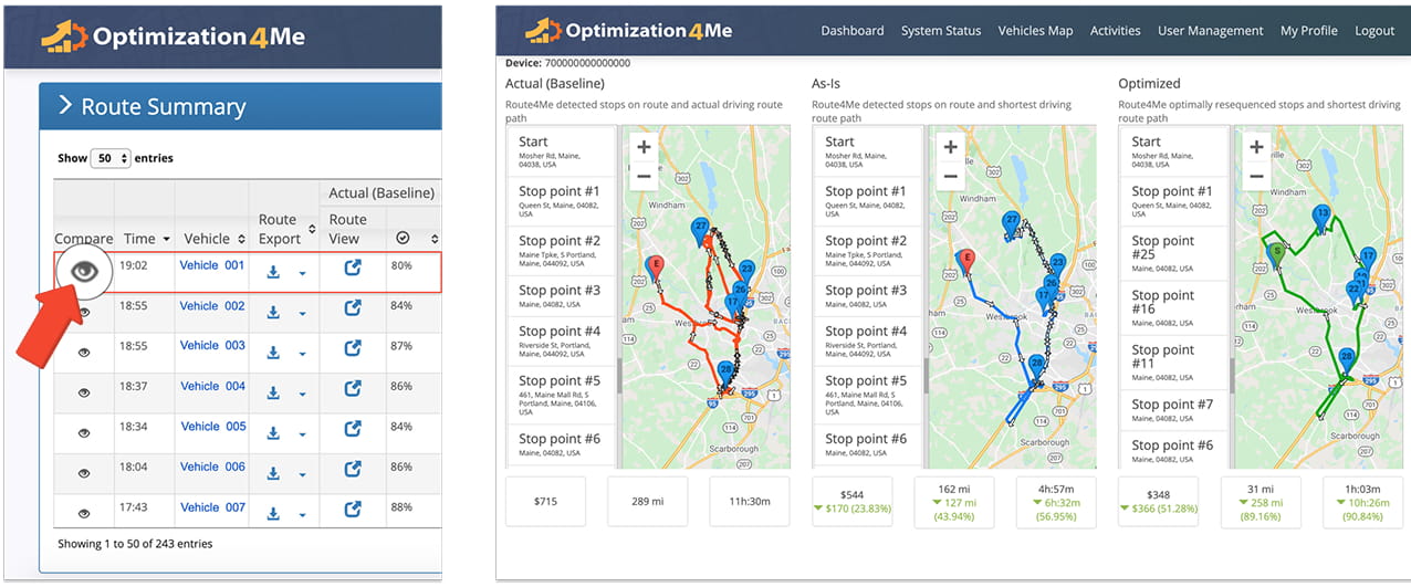 The Route Summary Report provides side-by-side route comparisons with map-based visualizations and performance metrics across Actual (Baseline), As-Is, and Optimized scenarios.