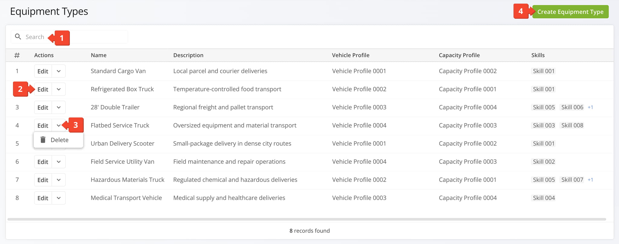 The Equipment Types feature in Route4Me lets you search, edit, and delete equipment type profiles.