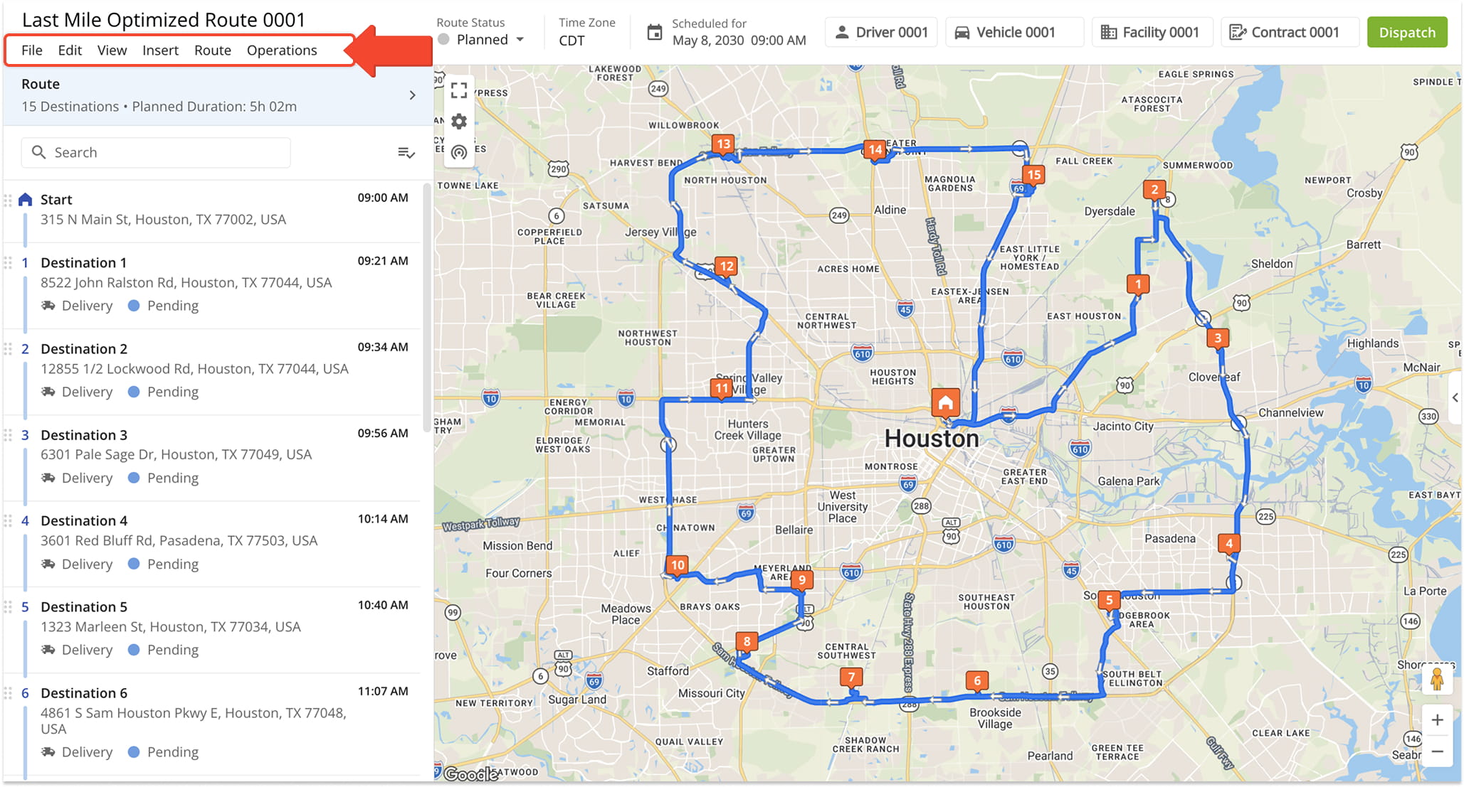 You can insert addresses and Driver Breaks, export route data, and much more by using the Top Menu Bar.