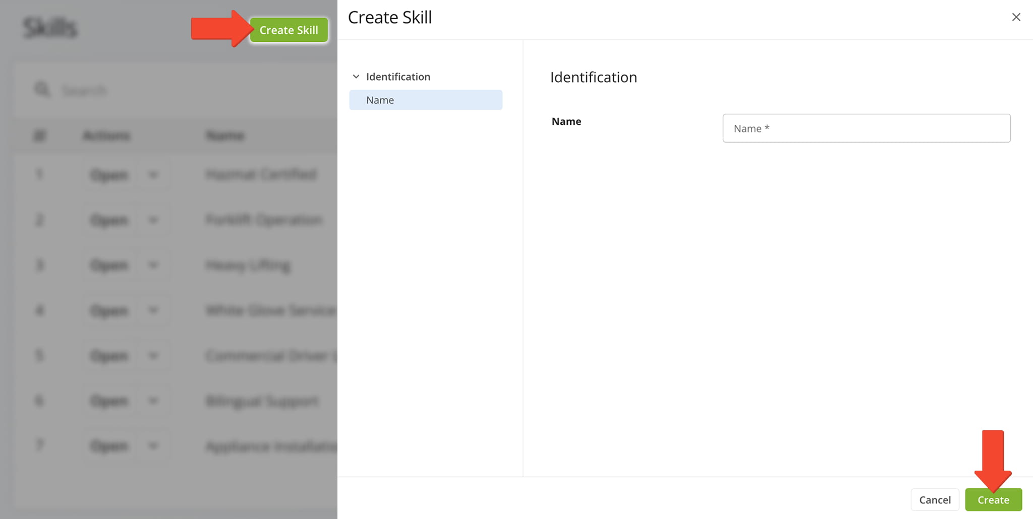 To add a new skill, name the skill and click the Create button to finalize.