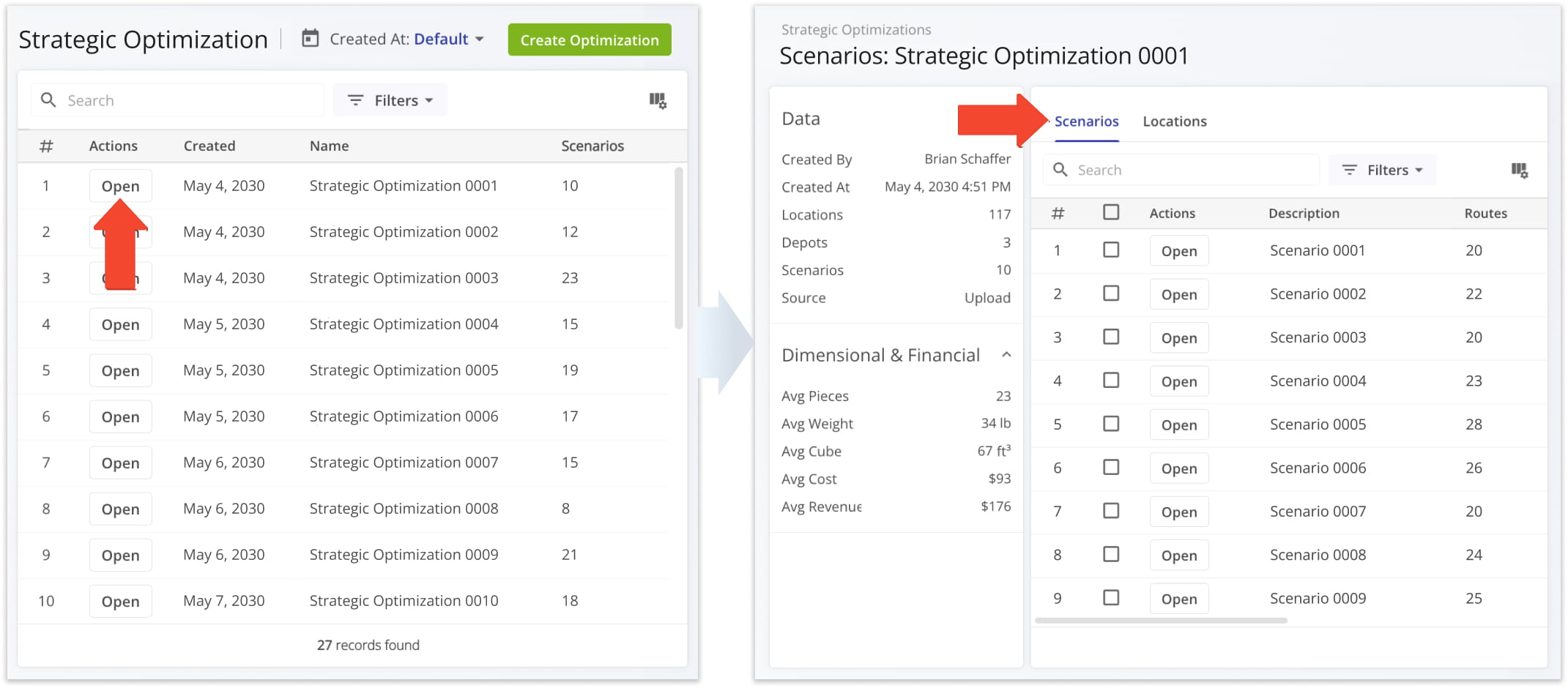 Review strategic scenarios, compare routing outcomes, and sync the selected scenario as a regular or master route for recurring planning.