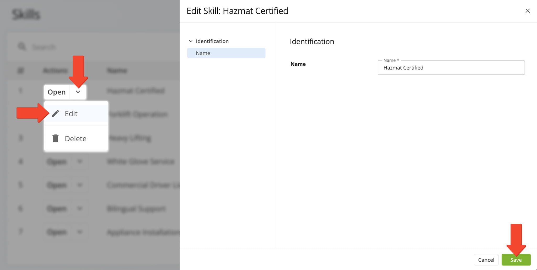 After modifying a skill, click the Save button to finalize your changes.