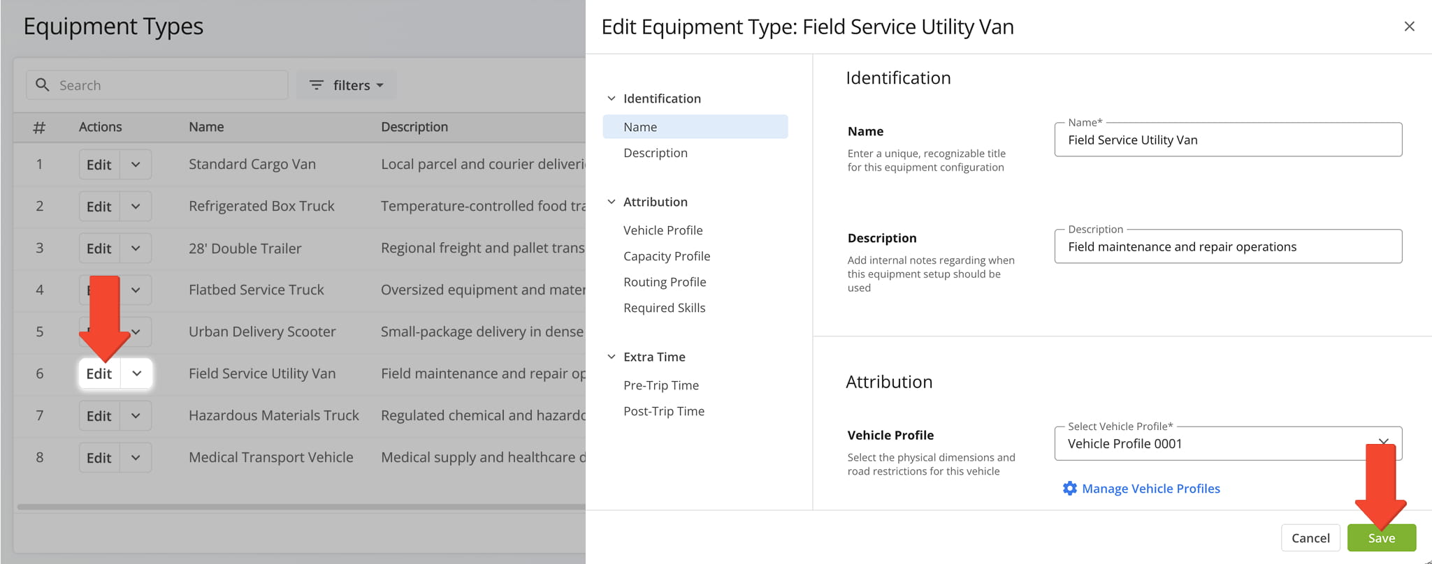 From the editor panel, you can modify an Equipment Type Profile