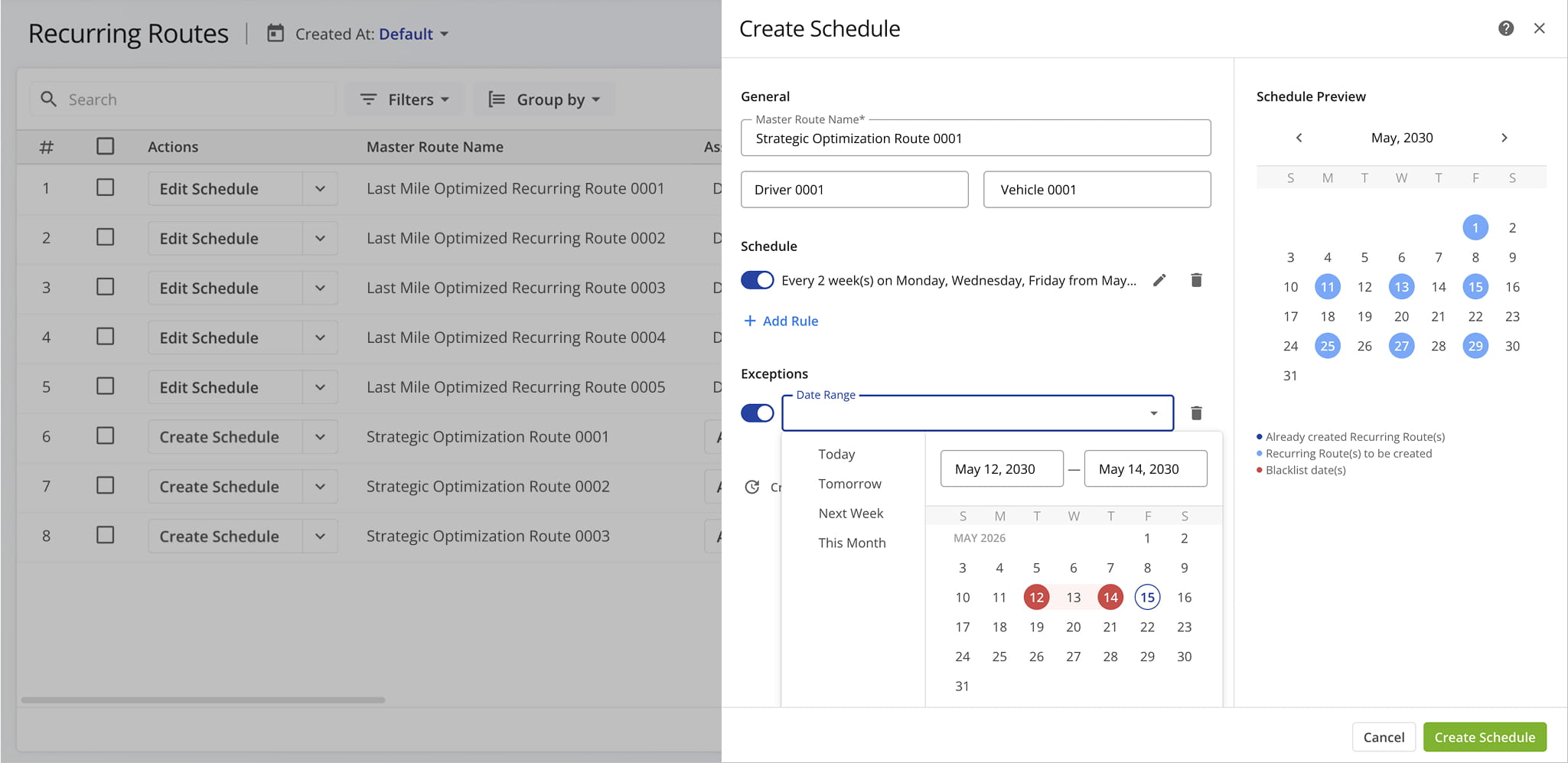 Use the Recurring Routes Schedule Editor to configure your Recurring Schedule.