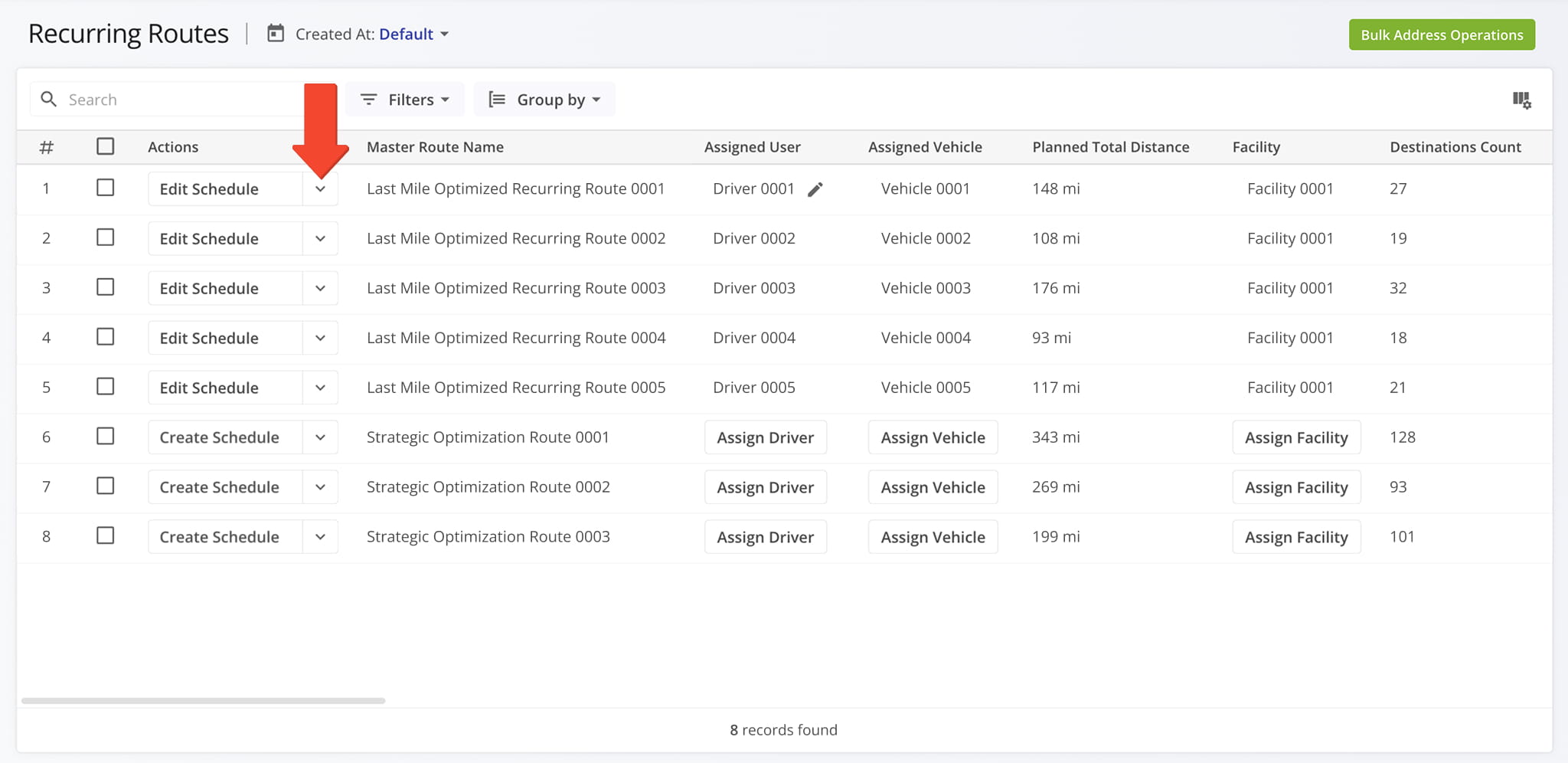 View and manage all Recurring Schedules on the Recurring Routes page.