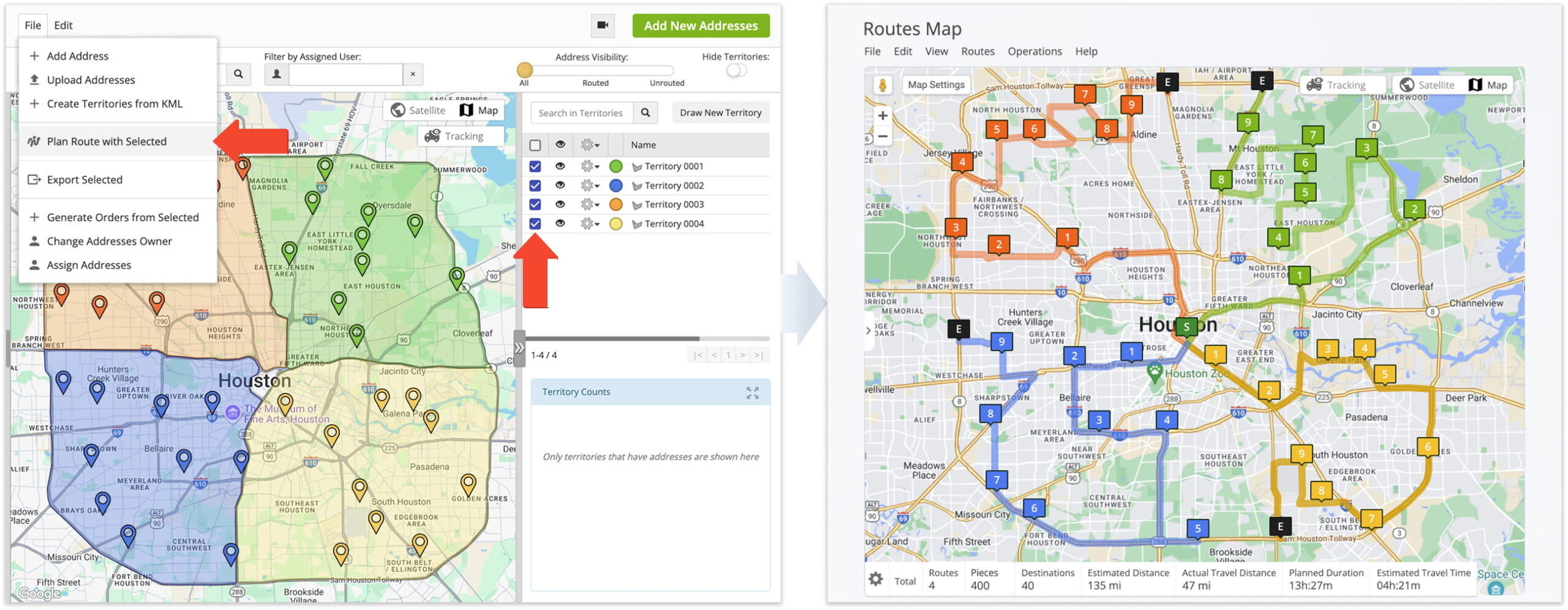 Territory routing organizes customer locations into predefined geographic service areas to support structured, territory-based route planning and execution.