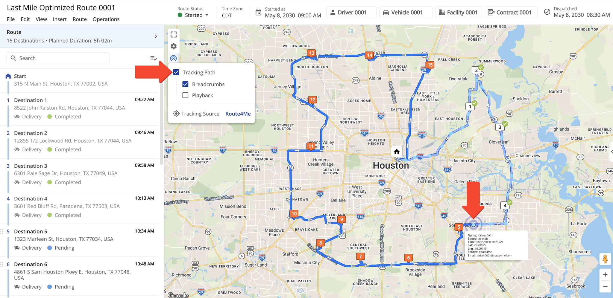 Tracking the driver and GPS telematics vehicle assigned to the route in real-time on the Interactive Map in the Route Editor.