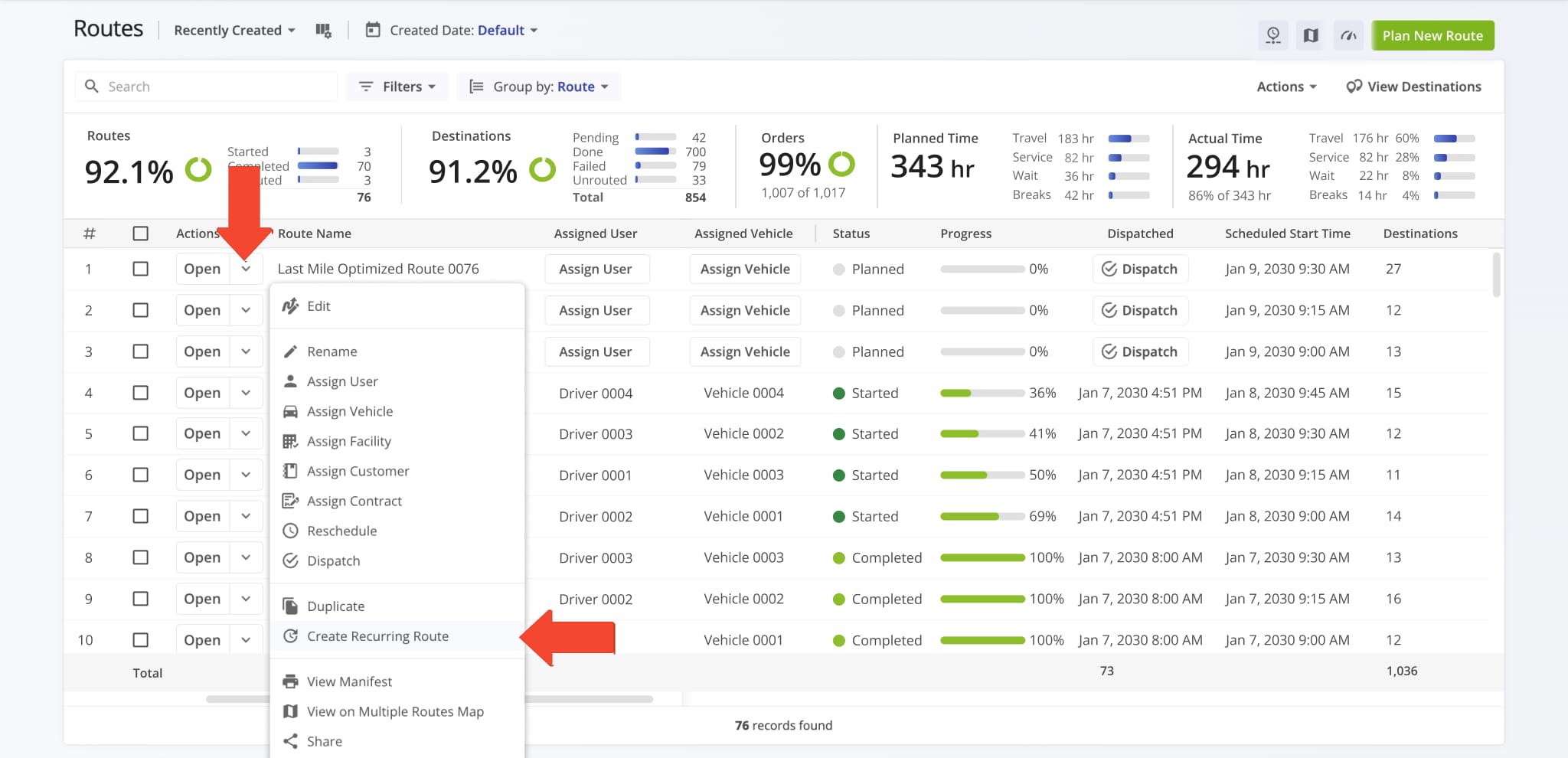 Create repeatable routes using a Master Route template and a recurring schedule for automated, time-based planning.
