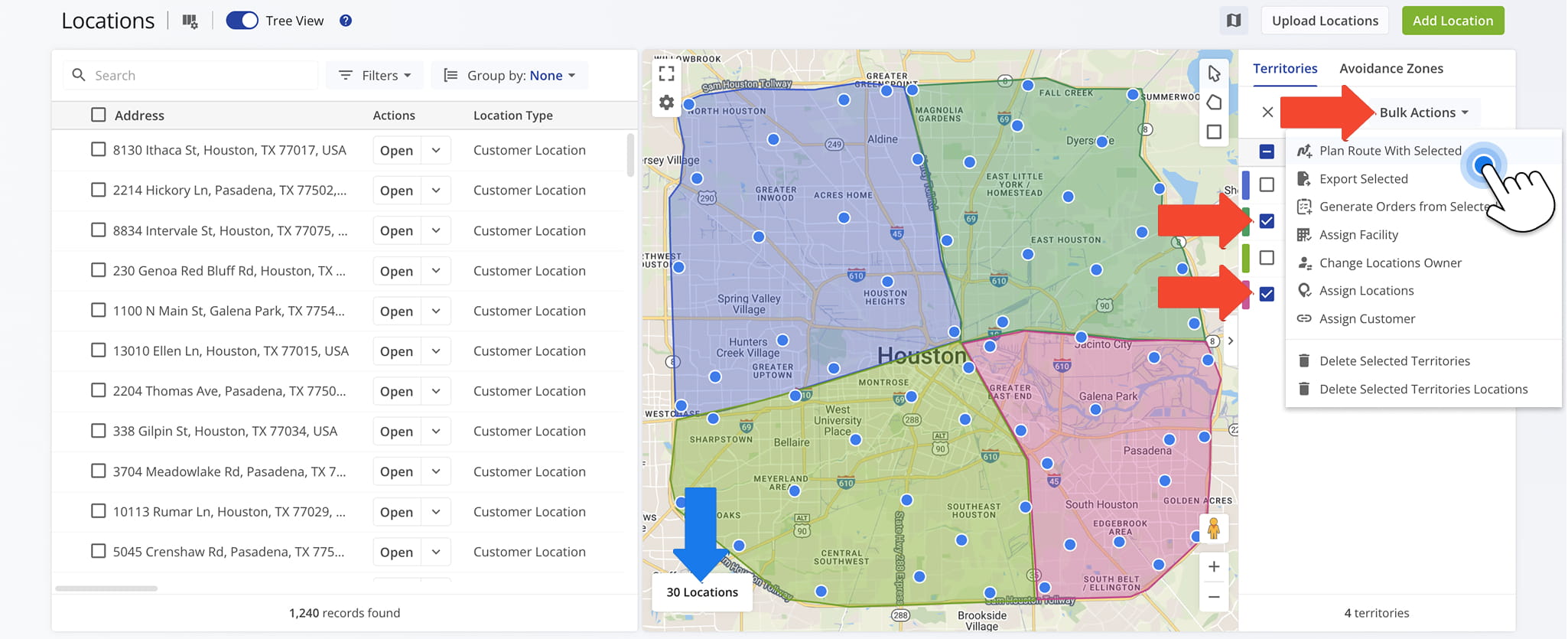 Locations routing uses stored customer location data to group and organize stops by geography or service area and generate optimized routes for efficient planning.