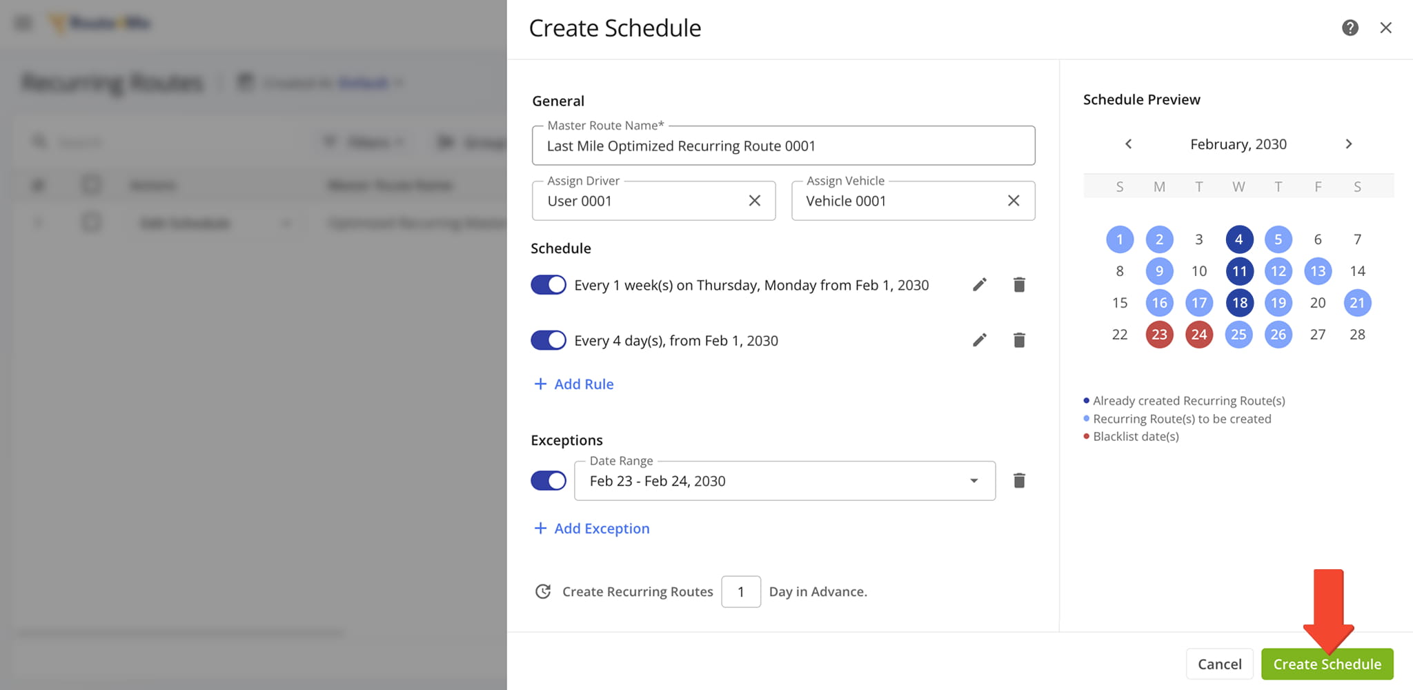 Create and manage recurring schedules from the Routes List by setting frequency rules, date ranges, and exceptions for existing routes.