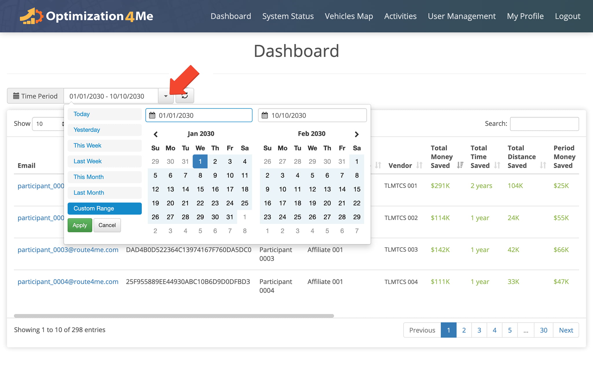 Users can filter and analyze savings data across routes and vehicles to identify performance trends and optimization opportunities.
