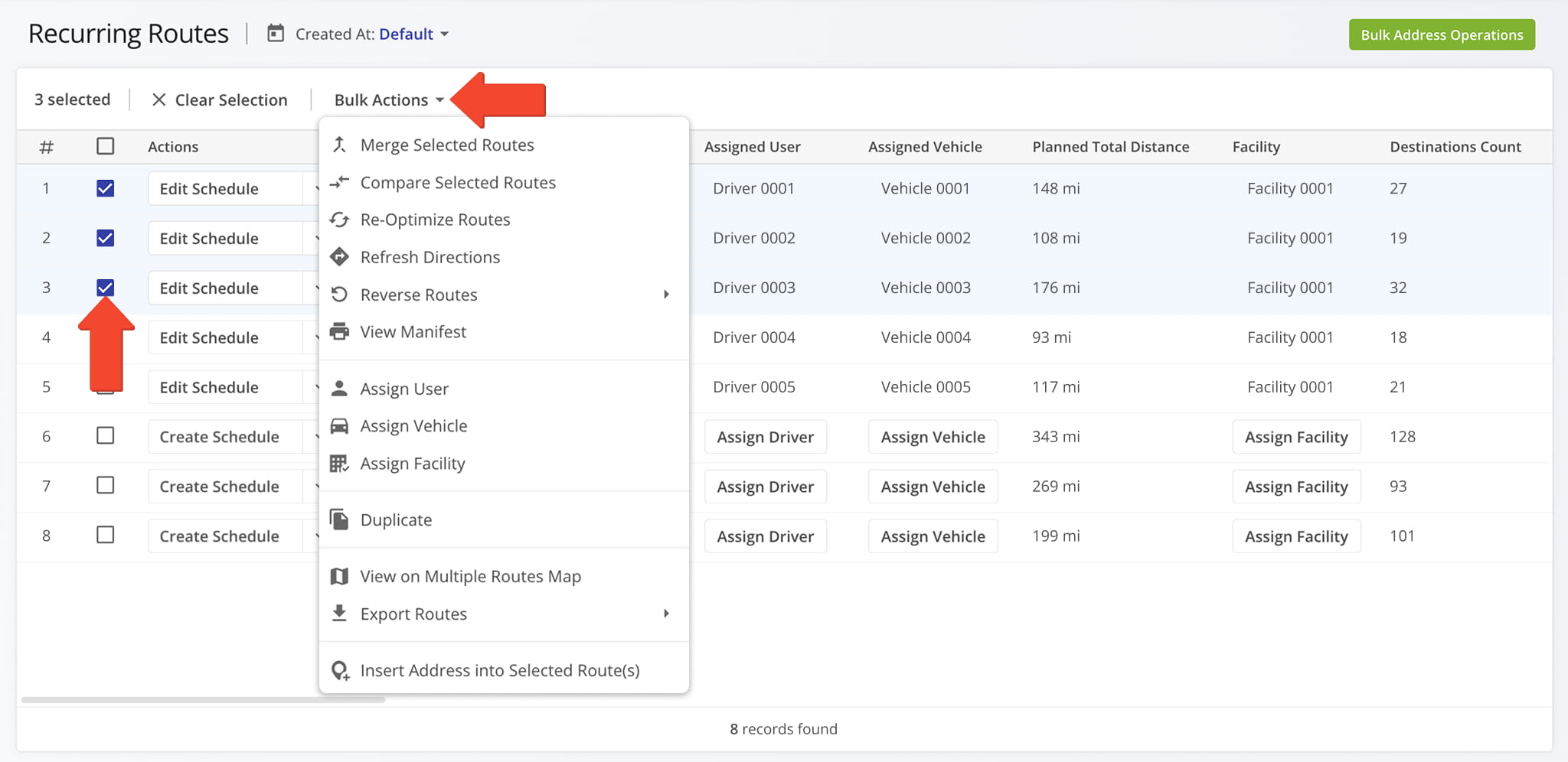 To manage multiple Master Routes at the same time, check the boxes next to them and click Bulk Actions.