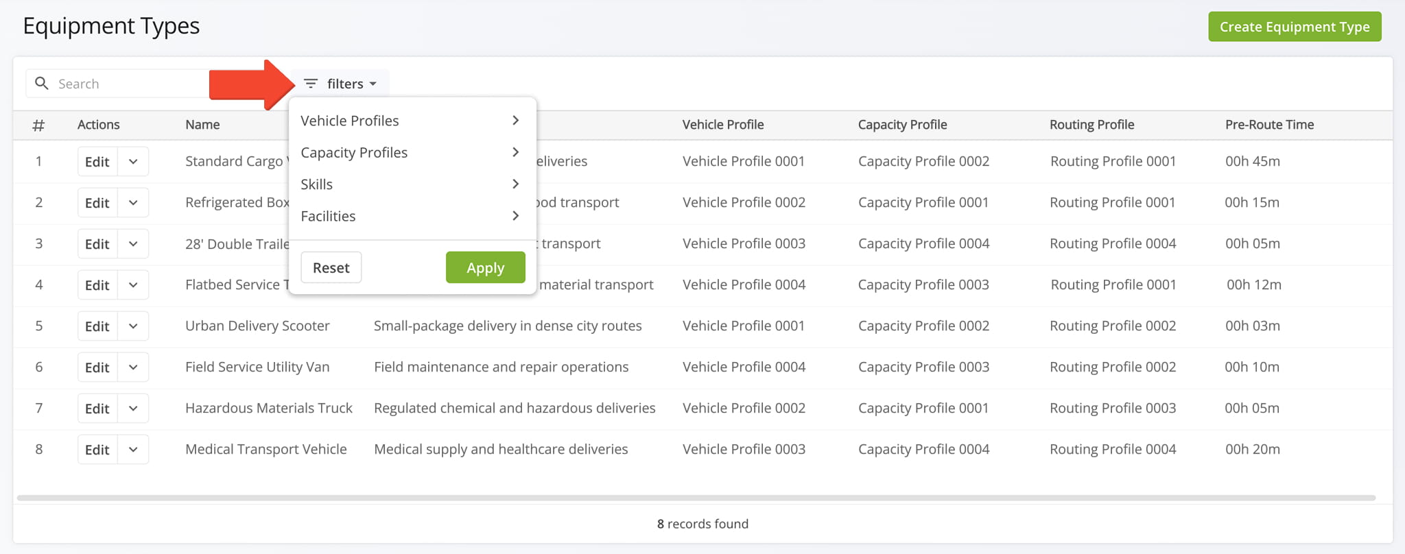 Filter the data appears in your Equipment Type Profiles page.