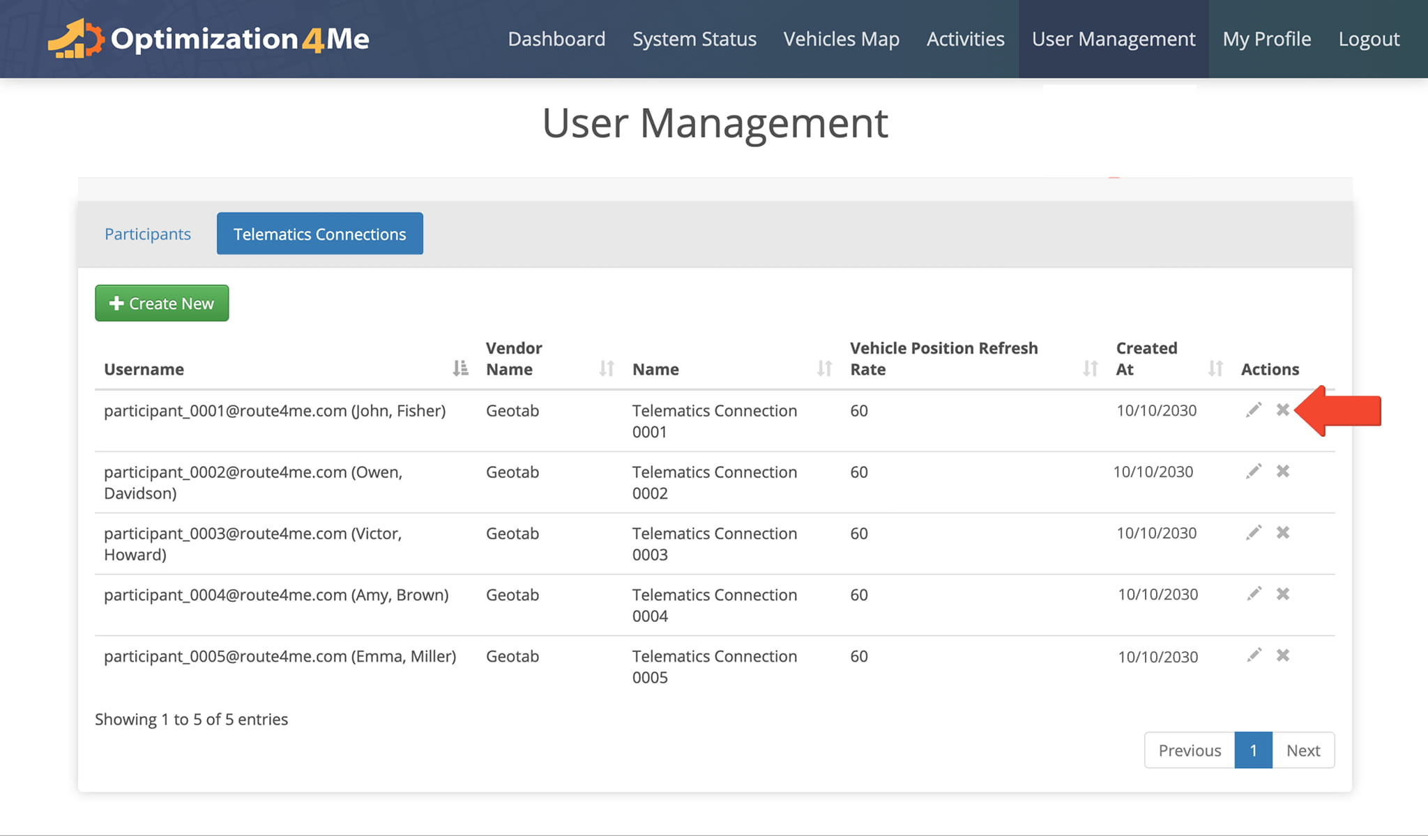 Once deleted, the Participant and their associated telematics connection are permanently removed from your Account.