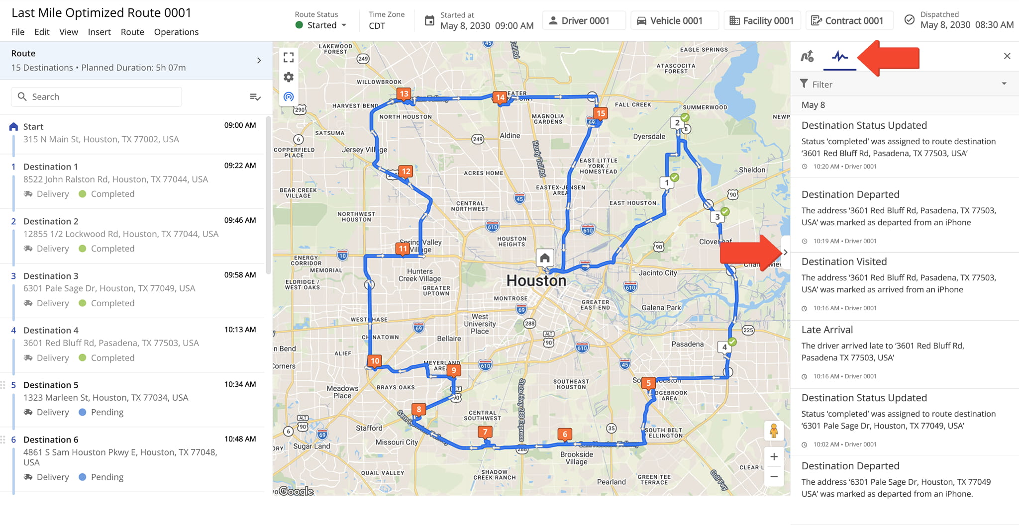 Activity Feed in Route Editor shows route events completed in real-time: added and removed stops, assigned driver and vehicle, attached proof of visit and delivery, added stop statuses, and more.
