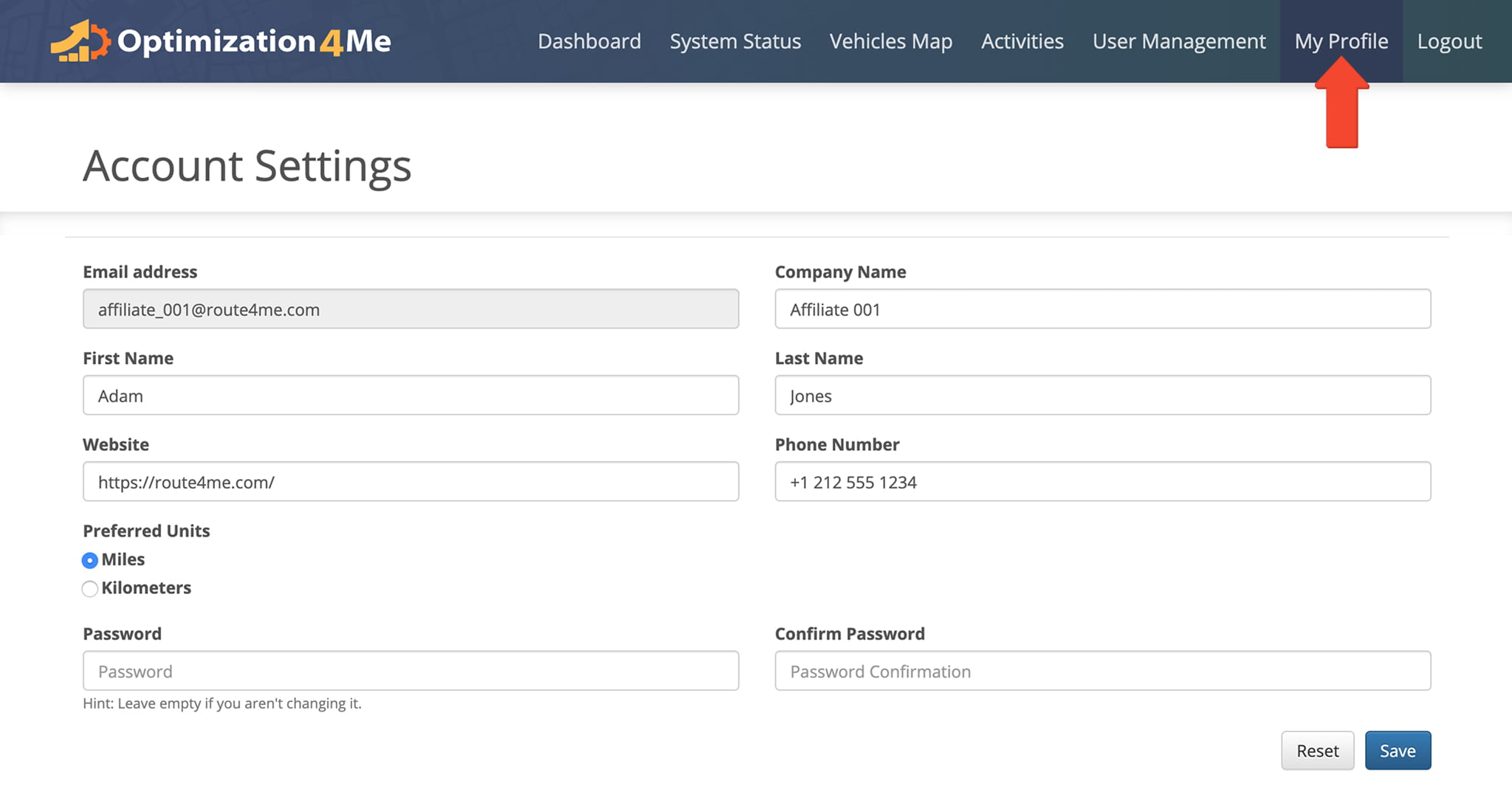 Operational Assessment profile settings allow users to manage affiliate account information and update basic account preferences from the profile area.