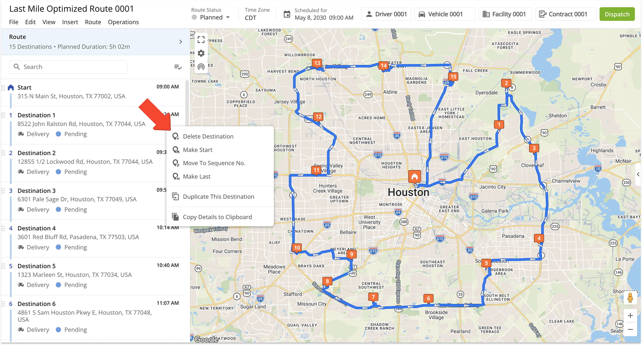 In the Route Editor, you can move Destinations in the route sequence, copy Destinations, delete Destinations, and more.