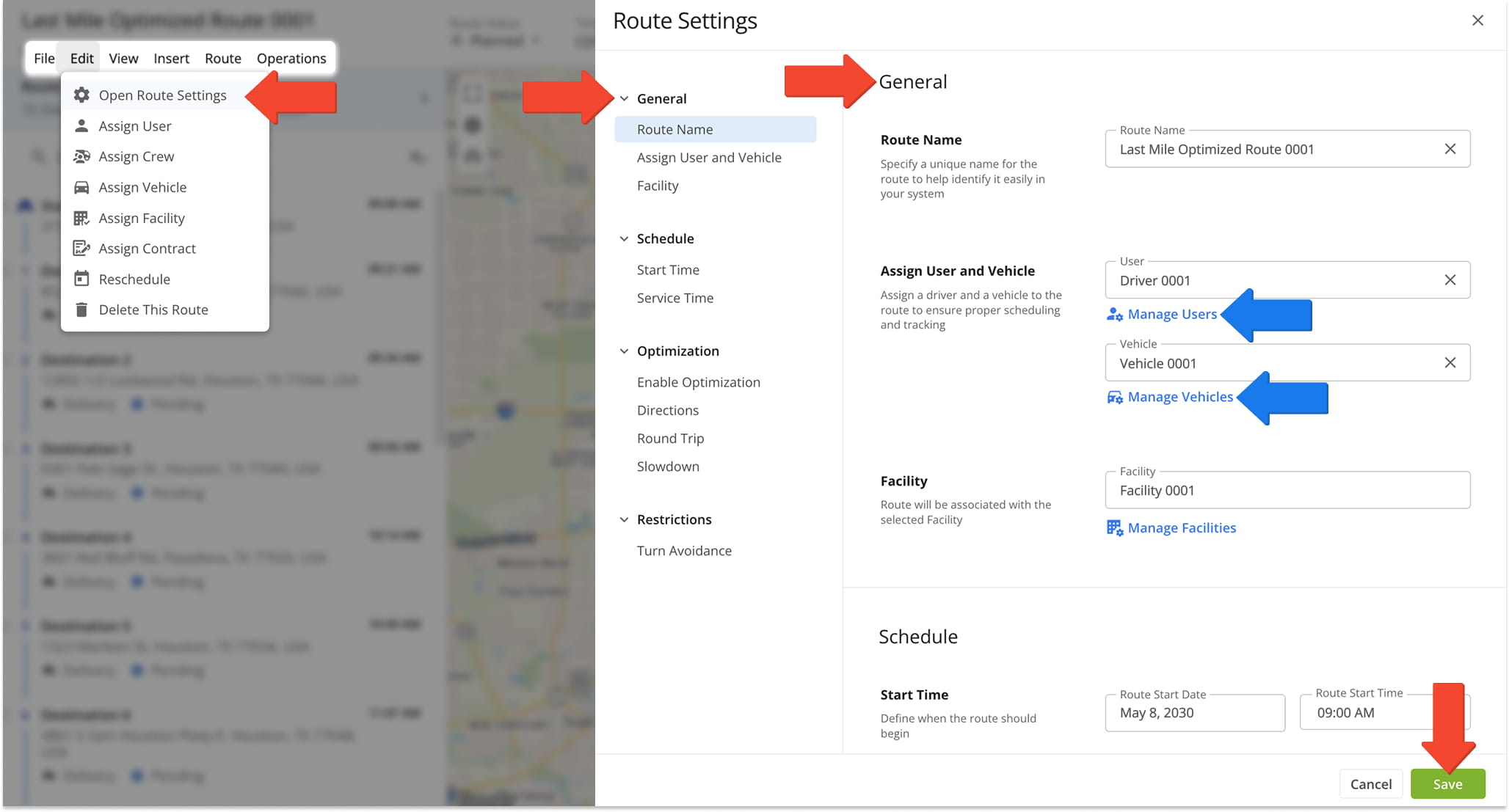 Route Editor Route Settings: assign driver and vehicle to route, reschedule, dispatch, and re-optimize route, update directions, and more.