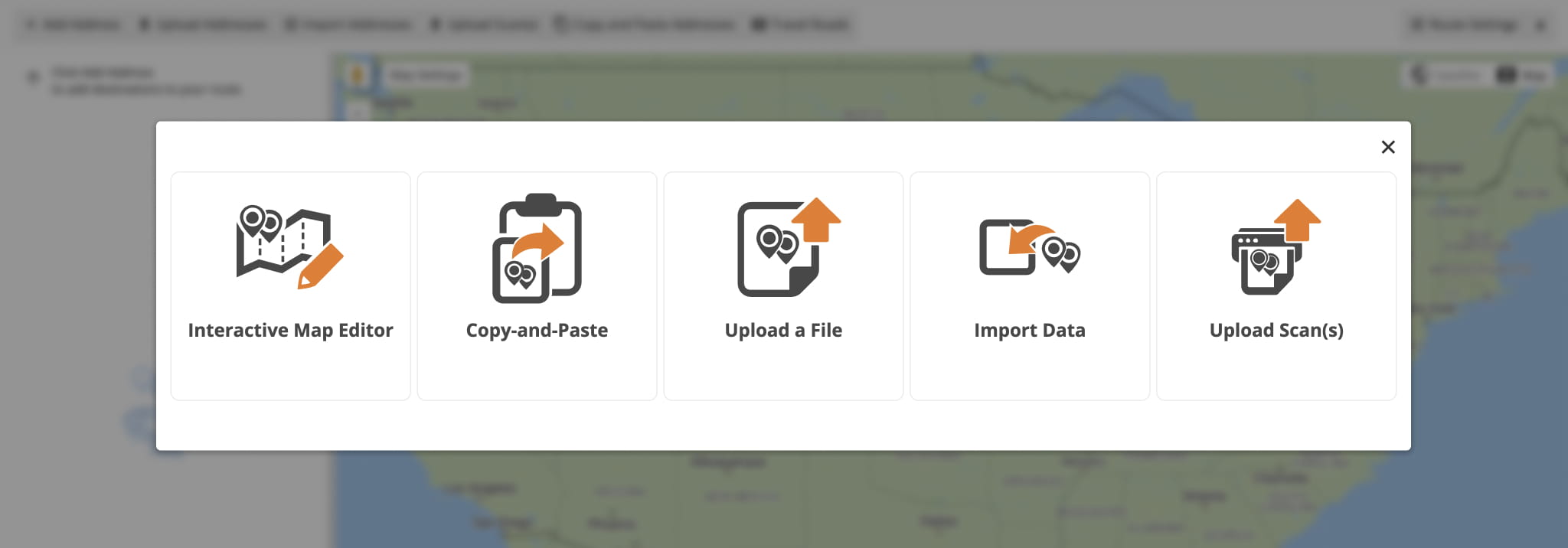 Access Dynamic Routing from the Navigation Menu and add addresses using spreadsheets, cloud imports, copy and paste, or the interactive map.