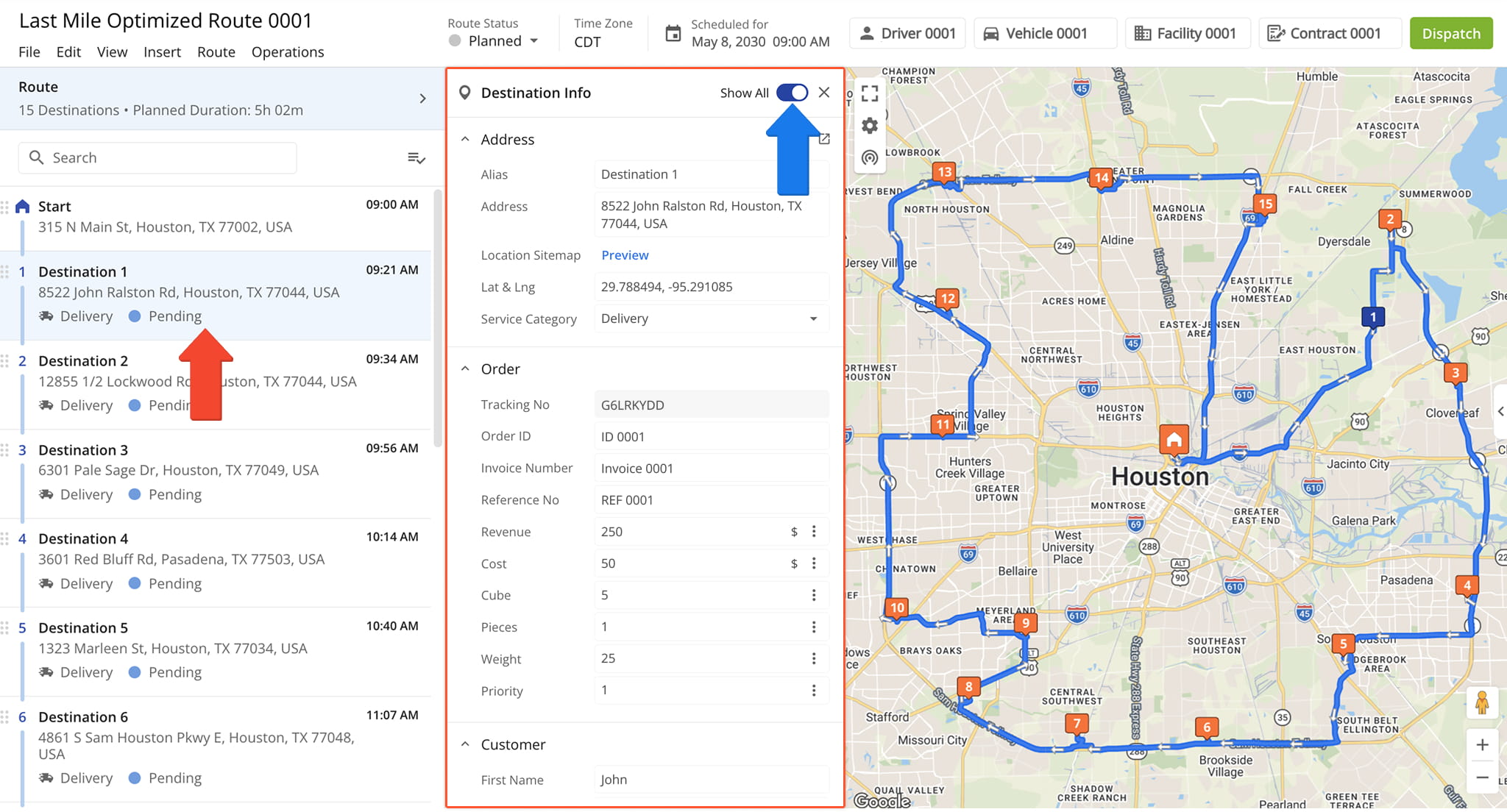 Opening and managing route stops, checking stop ETAs, editing customer details, order info, Custom Data, and adding notes in Route4Me