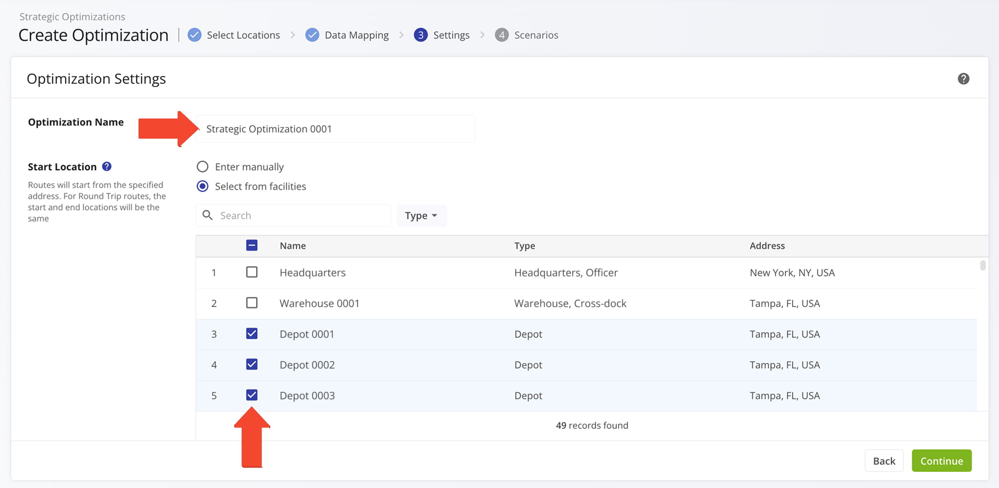 Access Strategic Routing from the Navigation Menu, upload locations via spreadsheet or SFTP, and configure optimization settings and scenario schedules.