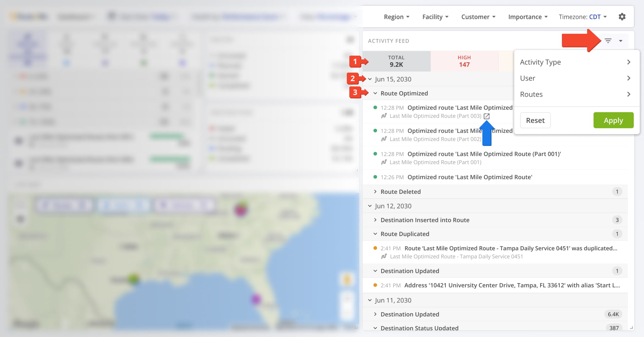 Data in the Activity Feed section of the Operations Dashboard is structured in three levels.
