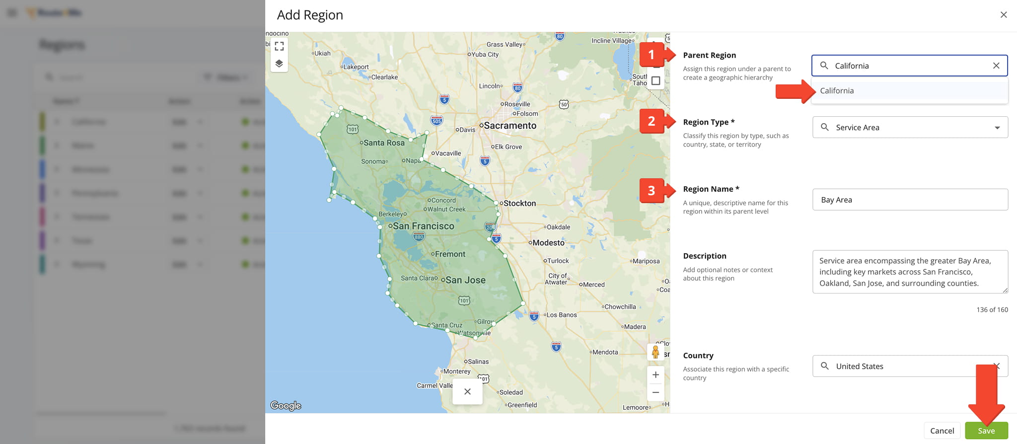 Organize service areas by adding Sub-Regions to existing Regions.