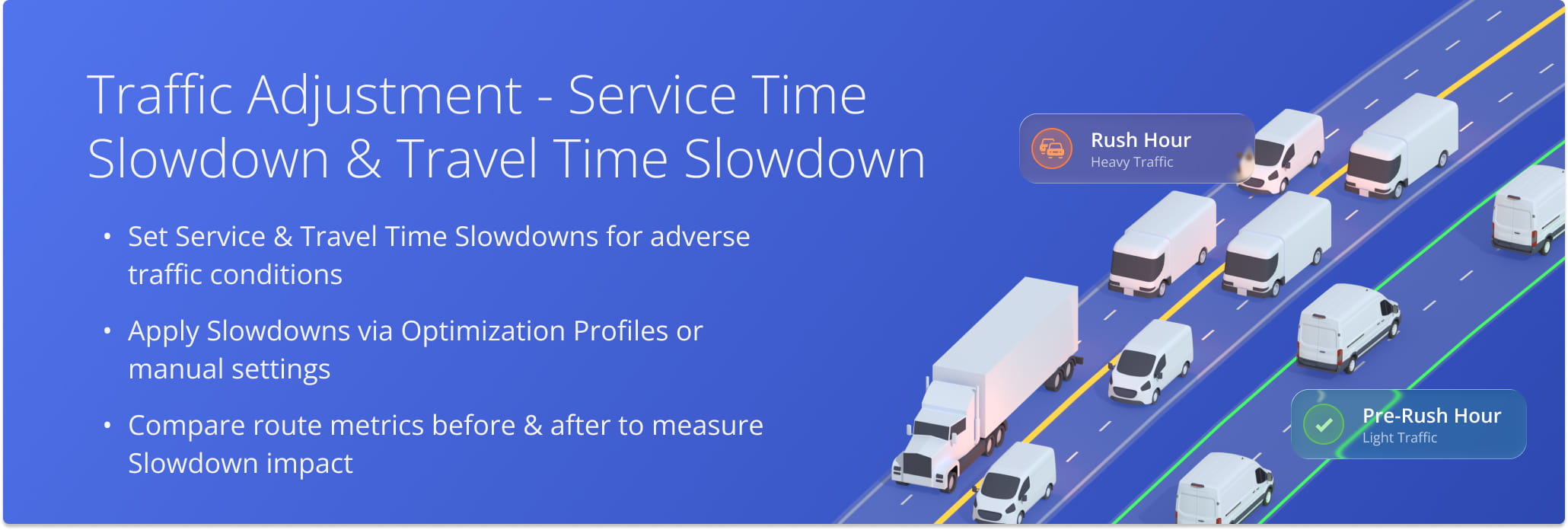 Adjust service time slowdown and travel time slowdown to adjust for traffic delays and other travel obstacles.