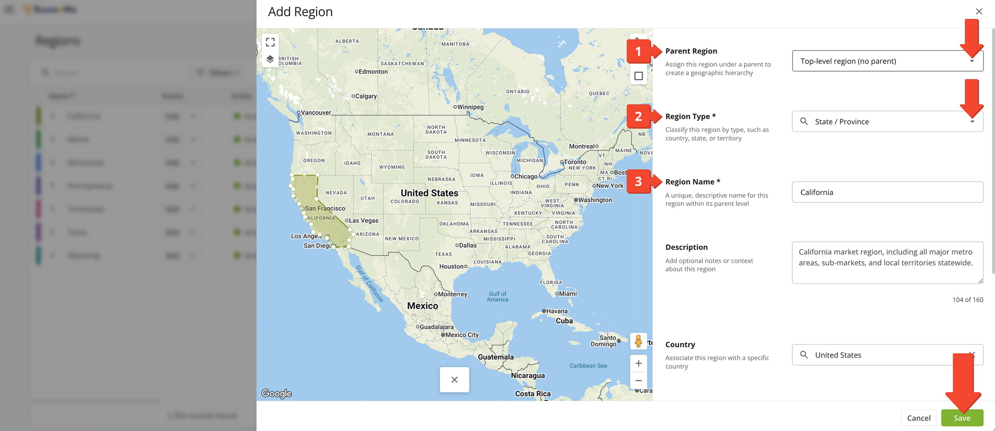 Create a Top-Level Region to establish the foundation of your regional hierarchy.