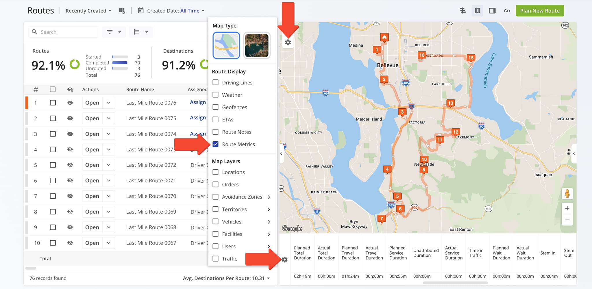 Review route metrics to confirm slowdown settings were applied.