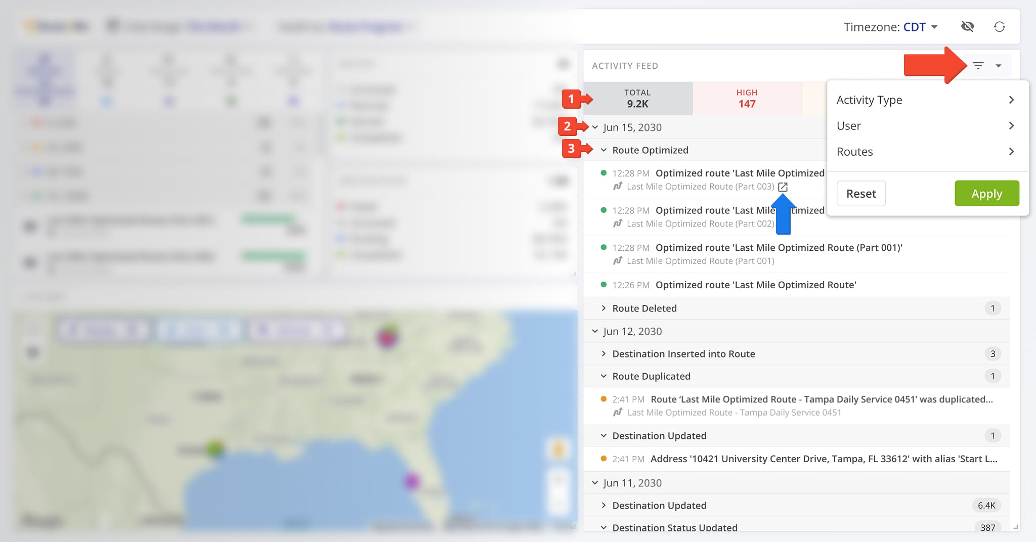 Data in the Activity Feed section of the Operations Dashboard is structured in three levels.
