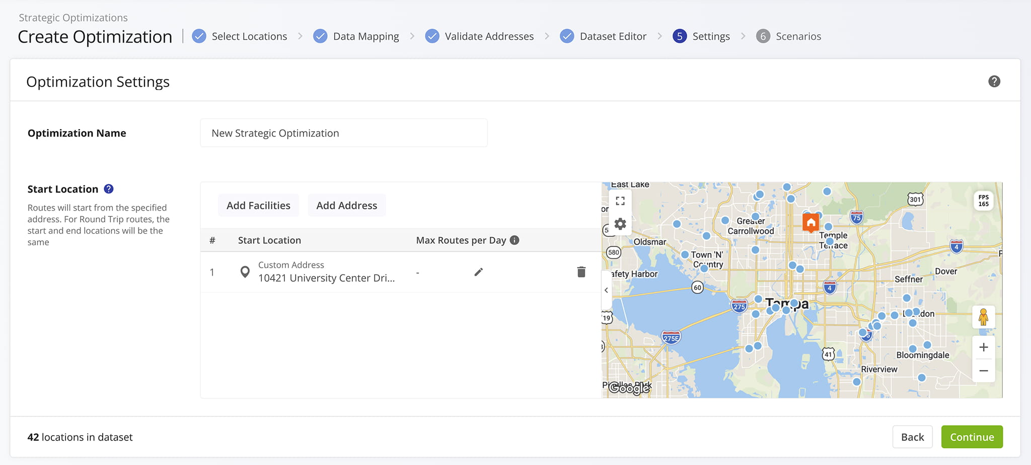 Optimization Settings stage where you can select route start locations.