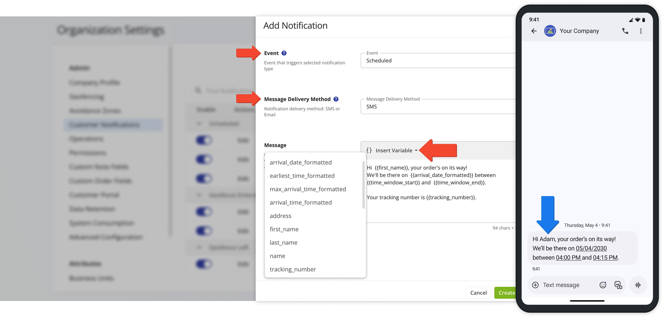 Use the updated Customer Notifications portal to add placeholders to notification messages.