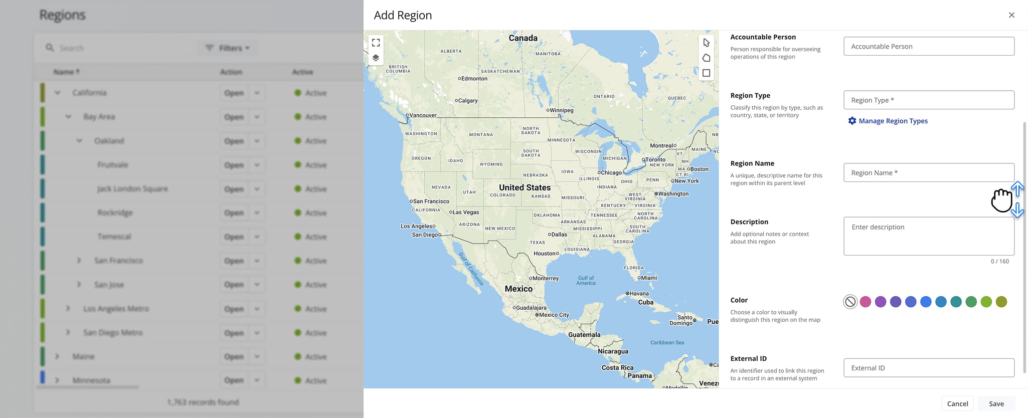 Complete all mandatory and optional fields to create a region profile.